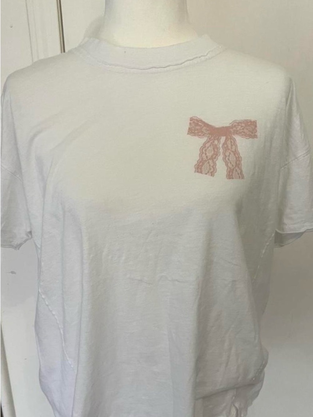 aerie White Tee with Pink Lace Bow Graphic